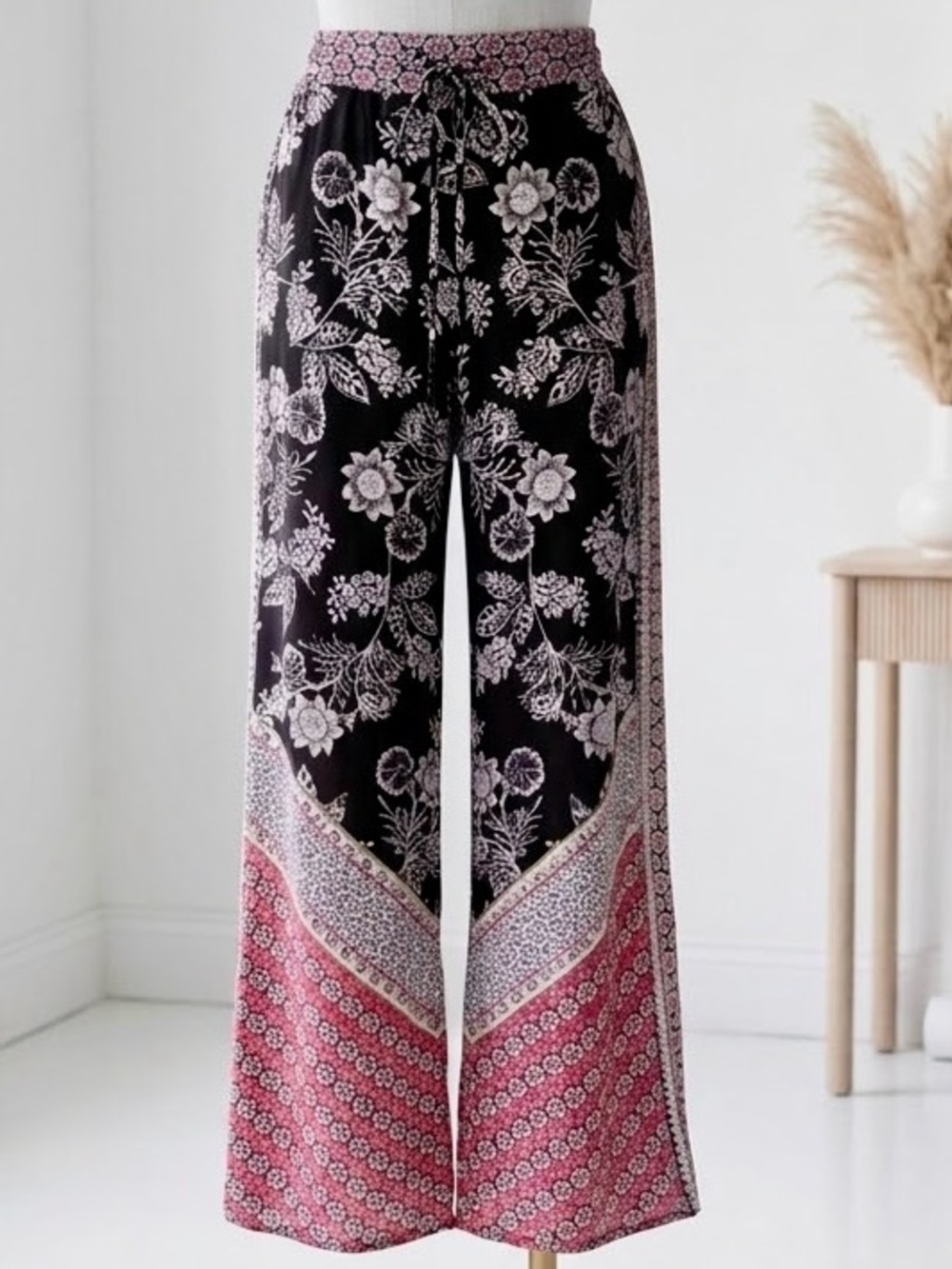 Angie| Boho Black & Bright Pink Floral Wide Leg Lightweight Drawstring PantsSz S